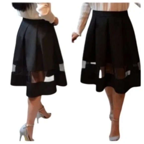 Express Black High Waist Mesh Insert Flare Skirt Size 00 - Picture 4 of 6